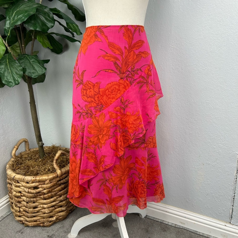 MaxMara Y2K Pink Fuchsia Ruffle Faux Wrap High Waisted MIDI Skirt